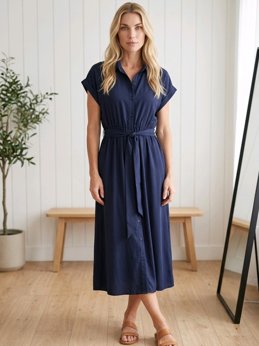 Button-Front Navy Midi Shirtdress with Tie Waist